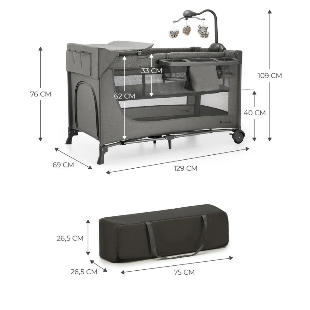 KINDERKRAFT Postýlka cestovní Joy 2 s doplňky Dark Grey