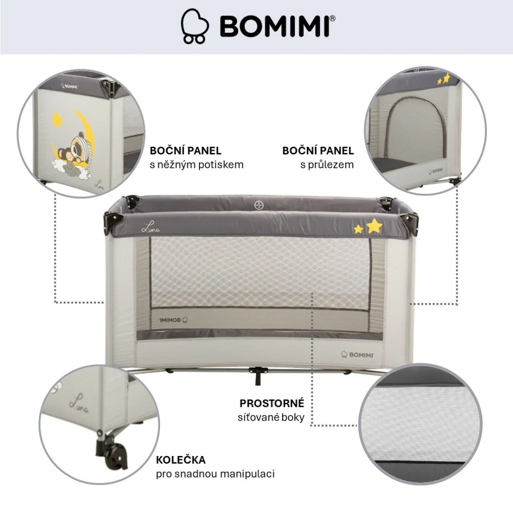 Cestovní postýlka BOMIMI LUNA graphite/sweet dreams xy