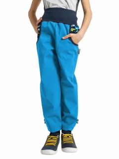 Dětské softshellové kalhoty Unuo s fleecem Basic tyrkysová autíčka