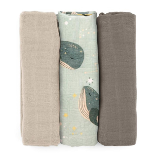 PETITE&MARS Sada plen bambusová mušelínová 3ks Moussy Whale Song  68 x 68 cm